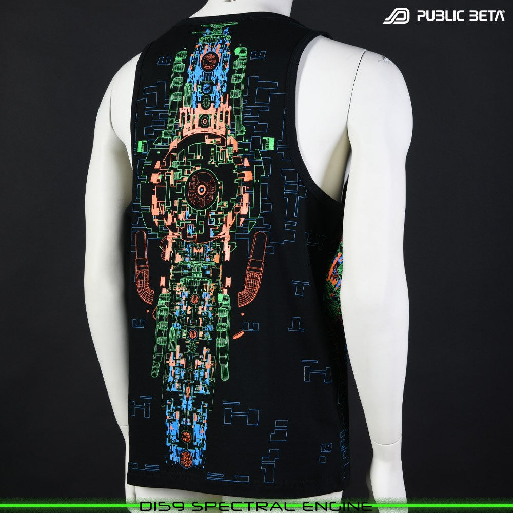 Spectral Engine Sleeveless Shirt with Futuristic Psychedelic Print. Glow in Blacklight Psytrance Clothing by Public Beta Wear