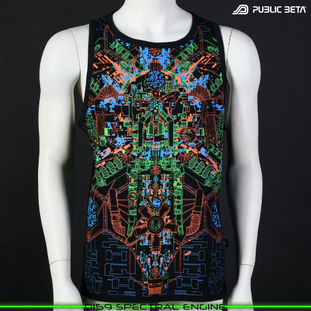 Spectral Engine Sleeveless Shirt with Futuristic Psychedelic Print. Glow in Blacklight Psytrance Clothing by Public Beta Wear