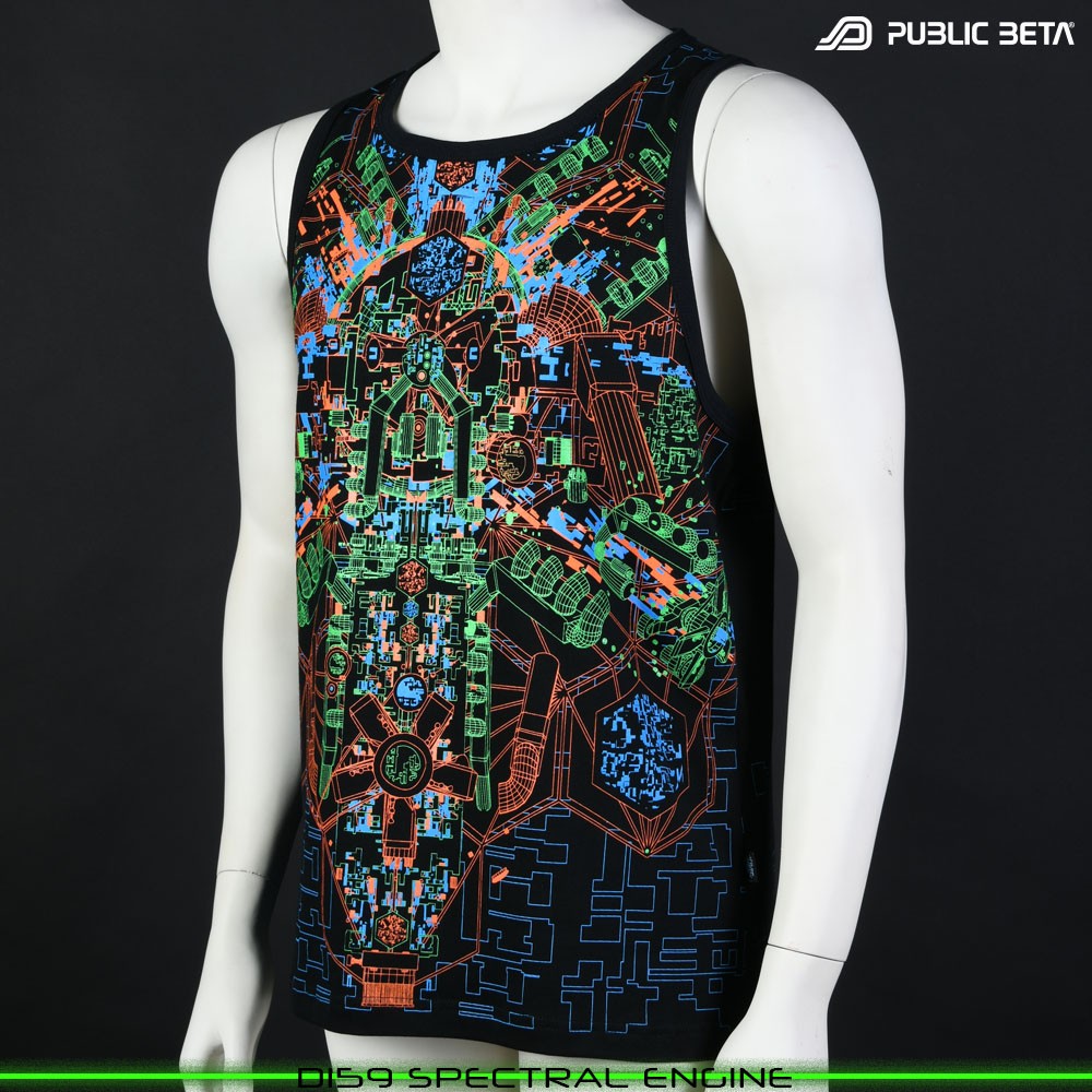 Spectral Engine Sleeveless Shirt with Futuristic Psychedelic Print. Glow in Blacklight Psytrance Clothing by Public Beta Wear