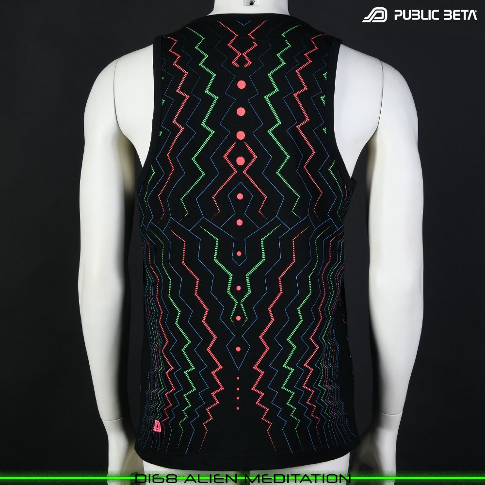 Alien Meditation Sleeveless Shirt with Futuristic Psychedelic Print. Glow in Blacklight Psytrance Clothing by Public Beta Wear