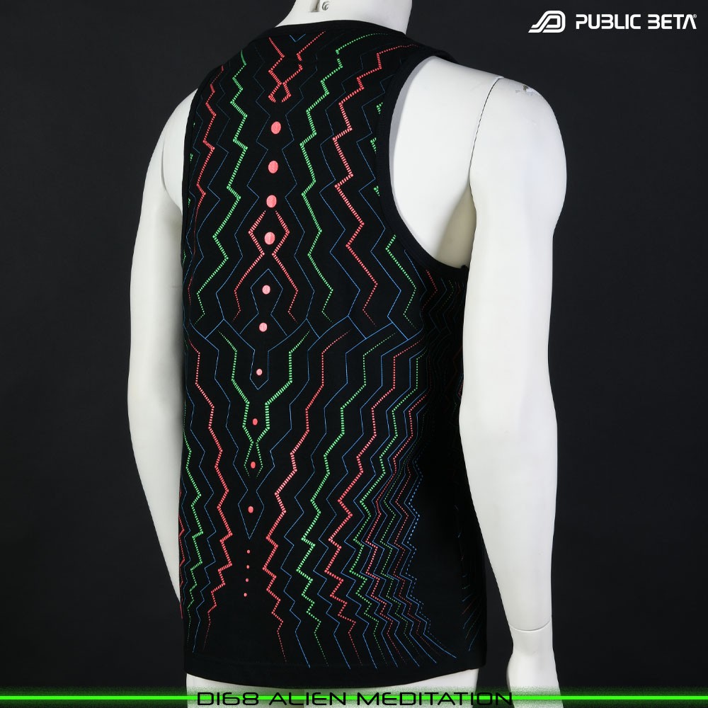 Alien Meditation Sleeveless Shirt with Futuristic Psychedelic Print. Glow in Blacklight Psytrance Clothing by Public Beta Wear