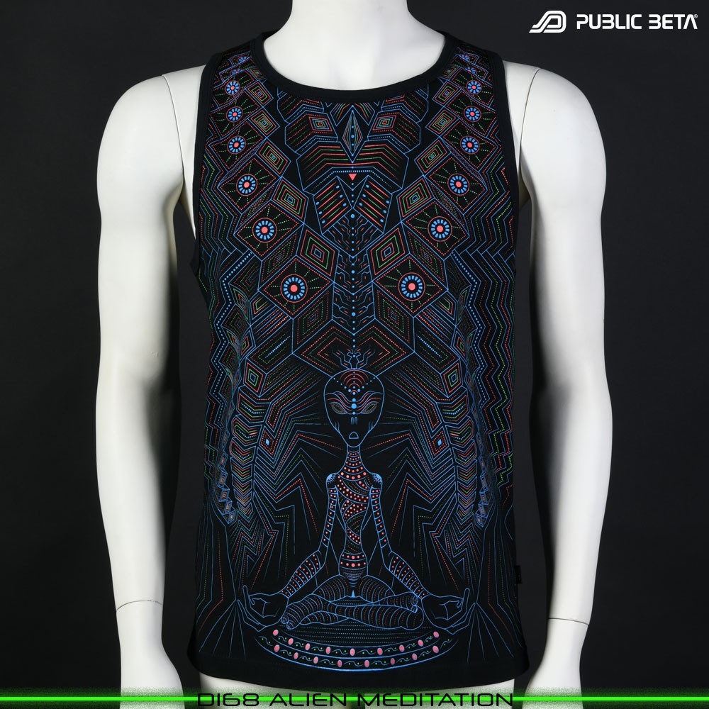 Alien Meditation Sleeveless Shirt with Futuristic Psychedelic Print. Glow in Blacklight Psytrance Clothing by Public Beta Wear
