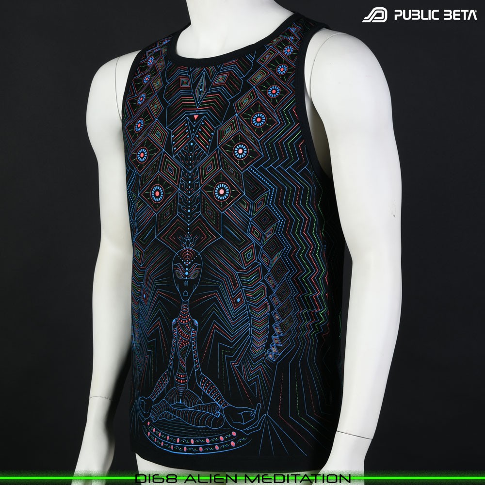 Alien Meditation Sleeveless Shirt with Futuristic Psychedelic Print. Glow in Blacklight Psytrance Clothing by Public Beta Wear