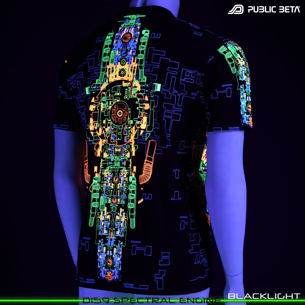 Spectral Engine Visionary psychedelic art print on t-shirt. Durable Glow in Blacklight full print by Public Beta Wear