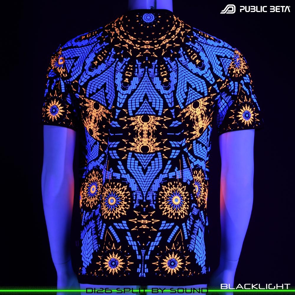 Split by Sound Visionary psychedelic art print on t-shirt. Durable Glow in Blacklight full print by Public Beta Wear