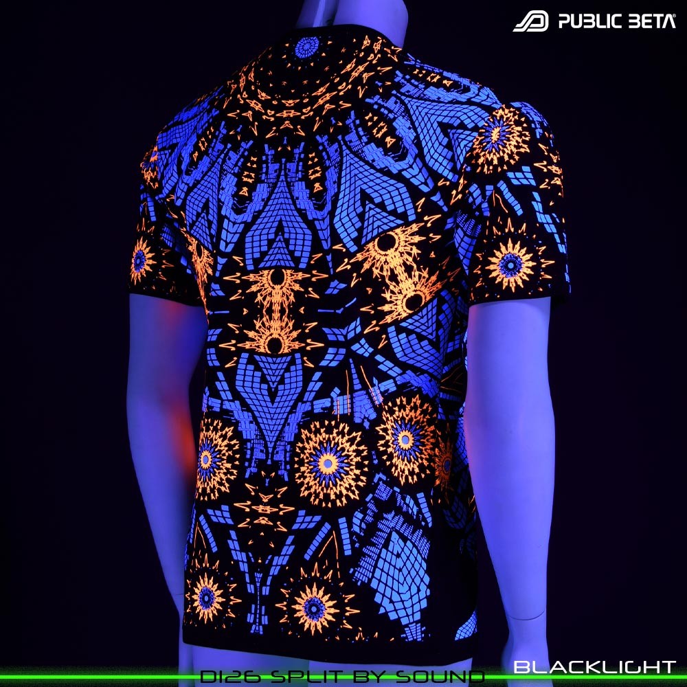 Split by Sound Visionary psychedelic art print on t-shirt. Durable Glow in Blacklight full print by Public Beta Wear