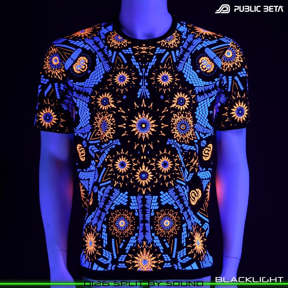 Split by Sound Visionary psychedelic art print on t-shirt. Durable Glow in Blacklight full print by Public Beta Wear