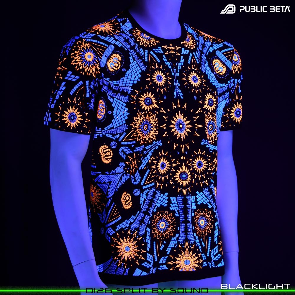 Split by Sound Visionary psychedelic art print on t-shirt. Durable Glow in Blacklight full print by Public Beta Wear