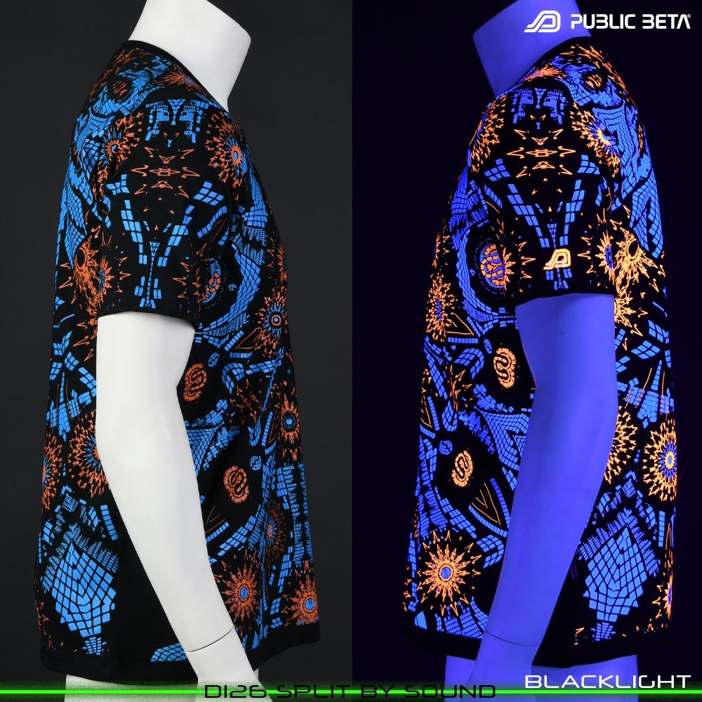 Split by Sound Visionary psychedelic art print on t-shirt. Durable Glow in Blacklight full print by Public Beta Wear