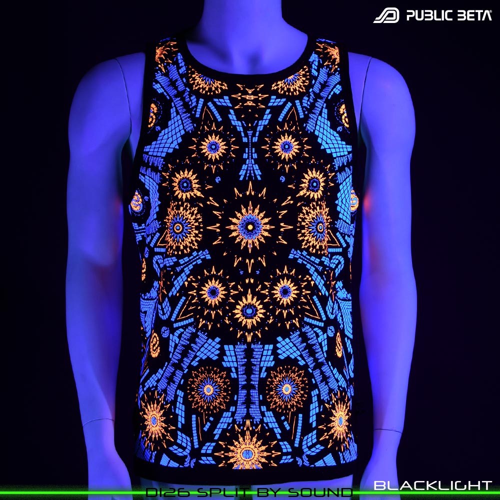 Split by Sound Sleeveless Shirt with Futuristic Psychedelic Print. Glow in Blacklight Psytrance Clothing by Public Beta Wear