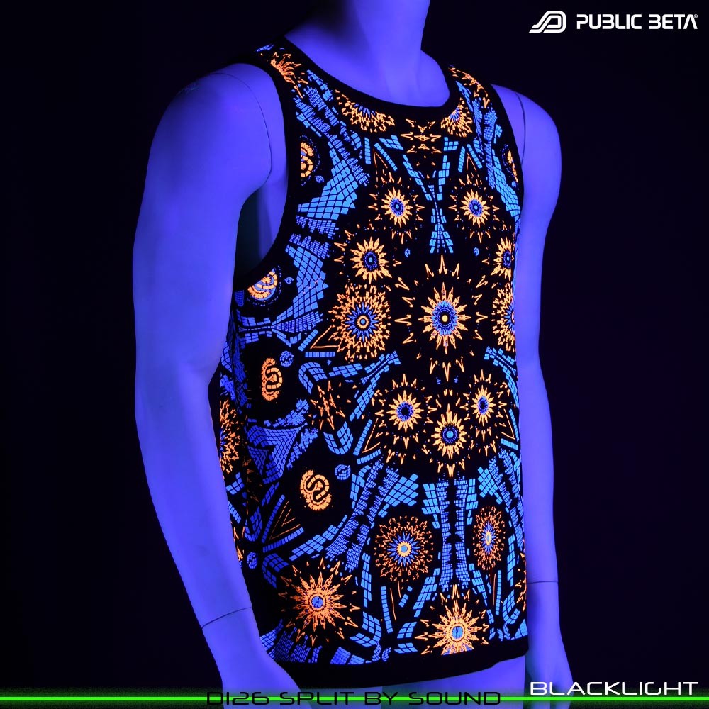 Split by Sound Sleeveless Shirt with Futuristic Psychedelic Print. Glow in Blacklight Psytrance Clothing by Public Beta Wear