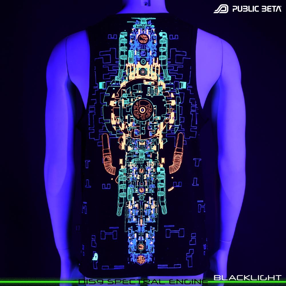 Spectral Engine Sleeveless Shirt with Futuristic Psychedelic Print. Glow in Blacklight Psytrance Clothing by Public Beta Wear