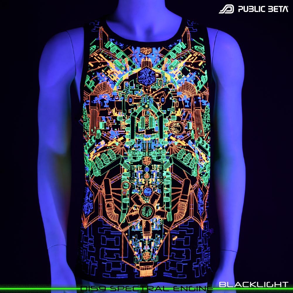 Spectral Engine Sleeveless Shirt with Futuristic Psychedelic Print. Glow in Blacklight Psytrance Clothing by Public Beta Wear