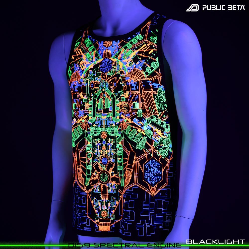 Spectral Engine Sleeveless Shirt with Futuristic Psychedelic Print. Glow in Blacklight Psytrance Clothing by Public Beta Wear