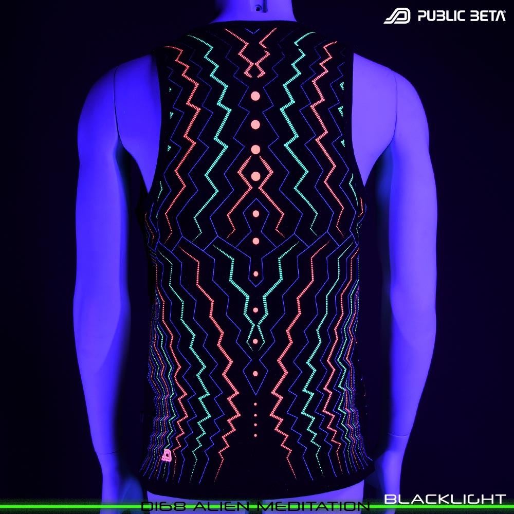 Alien Meditation Sleeveless Shirt with Futuristic Psychedelic Print. Glow in Blacklight Psytrance Clothing by Public Beta Wear