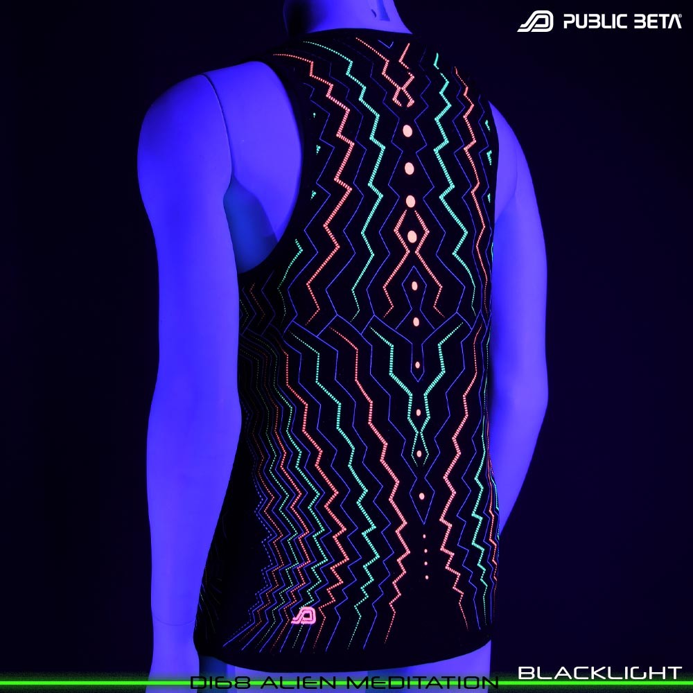 Alien Meditation Sleeveless Shirt with Futuristic Psychedelic Print. Glow in Blacklight Psytrance Clothing by Public Beta Wear