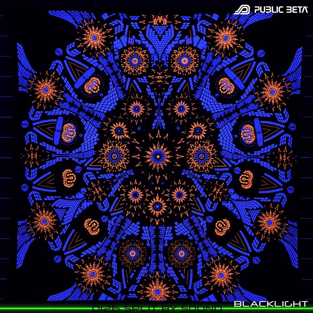 Split by Sound UV Active visionary art print on textile, glow in black light psyart by Public Beta Wear