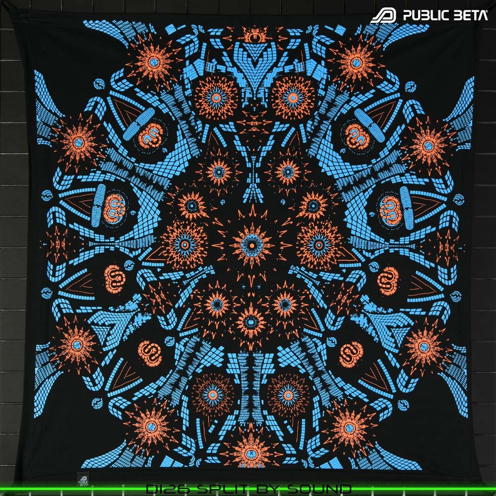 Split by Sound UV Active visionary art print on textile, glow in black light psyart by Public Beta Wear