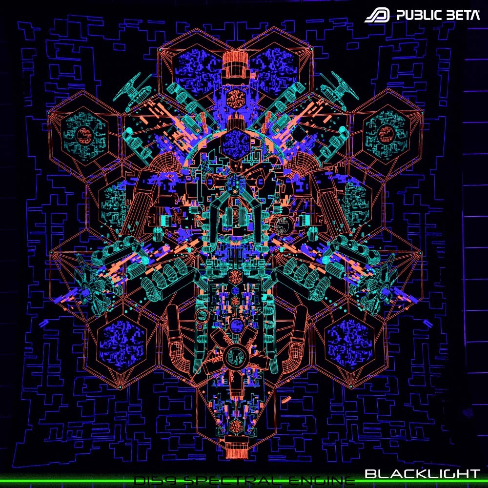 Spectral Engine UV Active visionary art print on textile, glow in black light psyart by Public Beta Wear