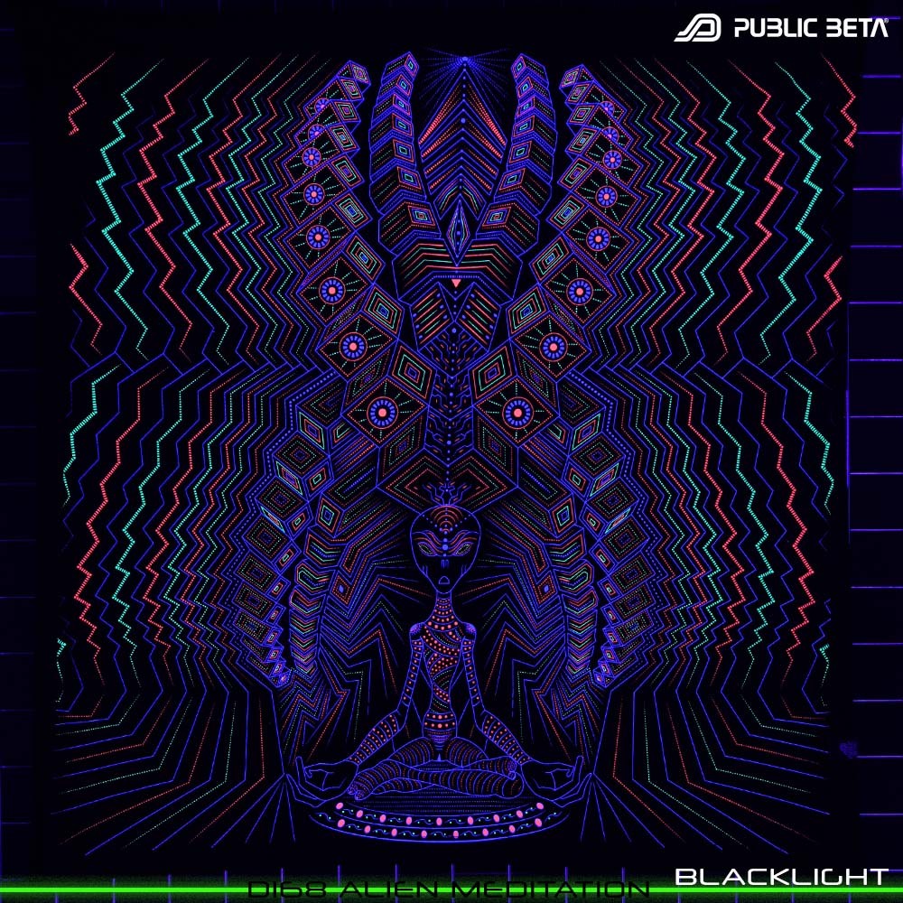 Alien Meditation UV Active visionary art print on textile, glow in black light psyart by Public Beta Wear