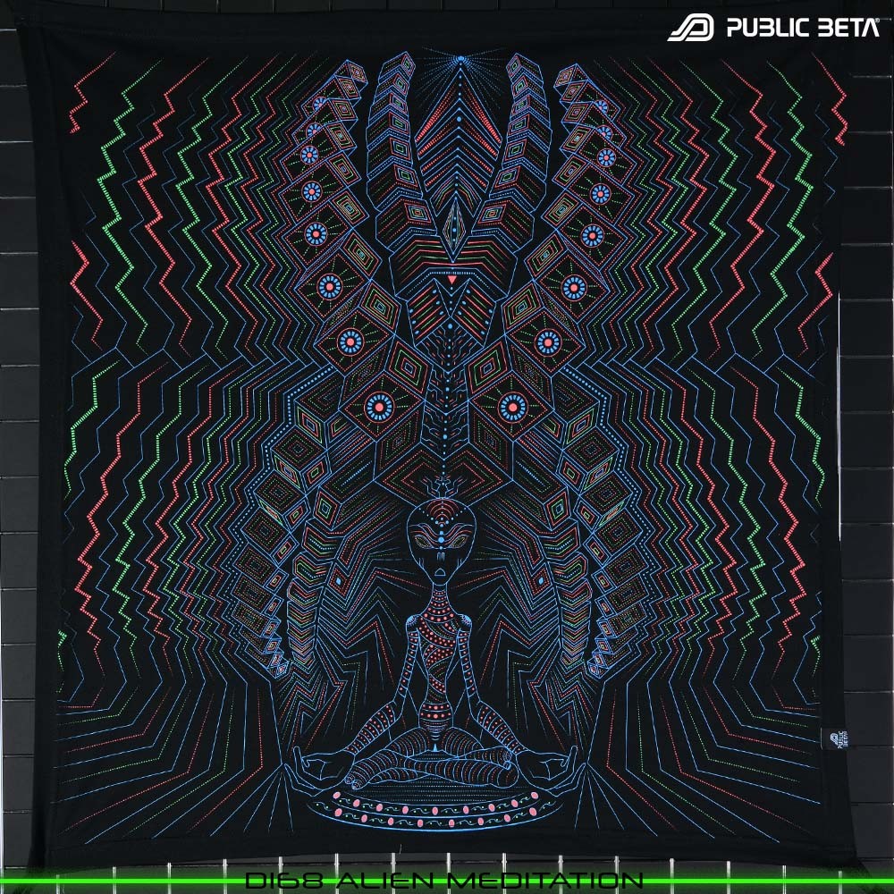 Alien Meditation UV Active visionary art print on textile, glow in black light psyart by Public Beta Wear