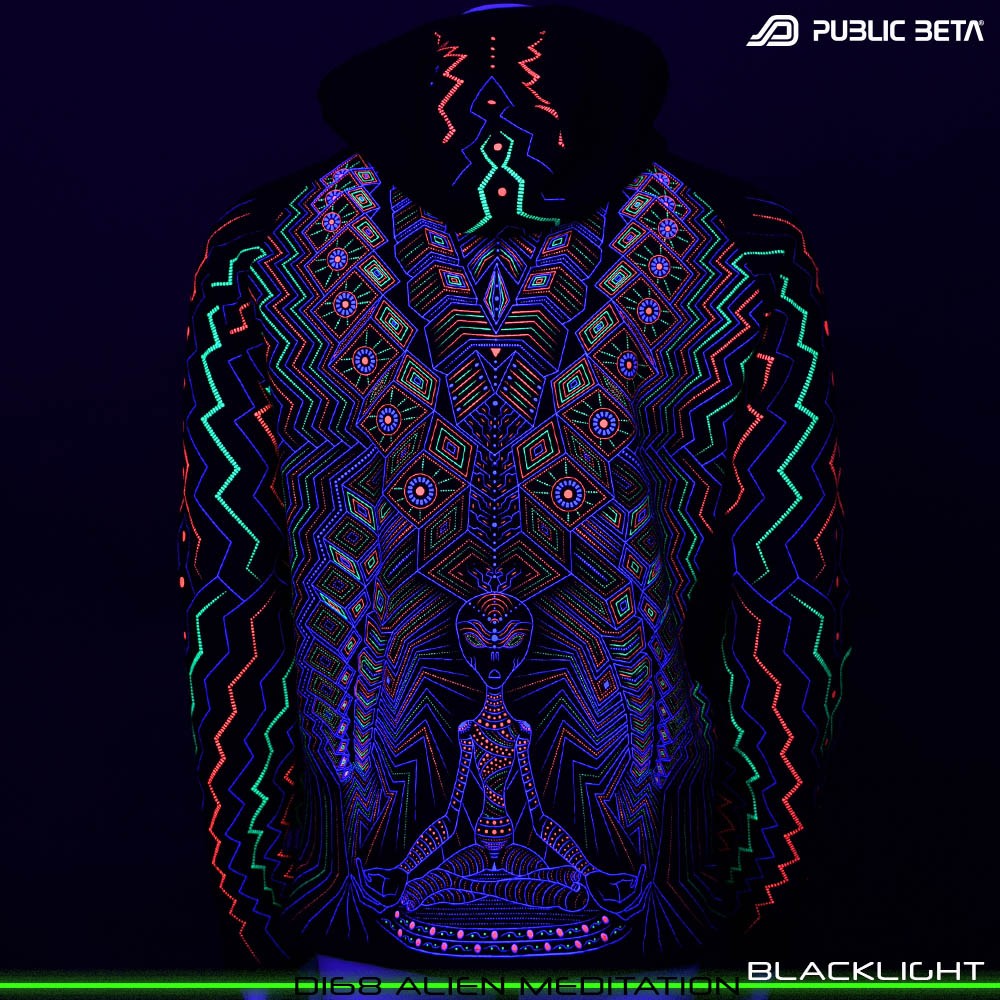 Alien Meditation Glow in Blacklight Psywear. Silk Print on 100% Cotton by Public Beta Wear