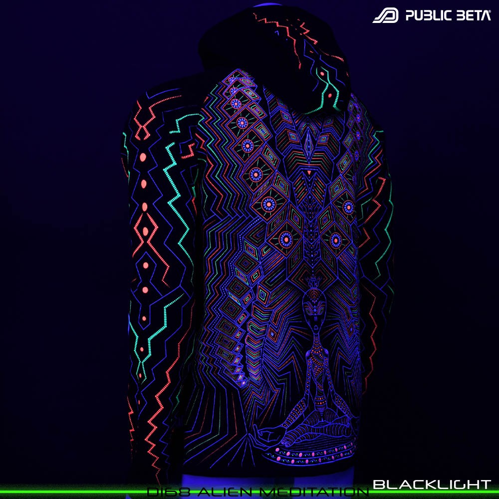 Alien Meditation Glow in Blacklight Psywear. Silk Print on 100% Cotton by Public Beta Wear