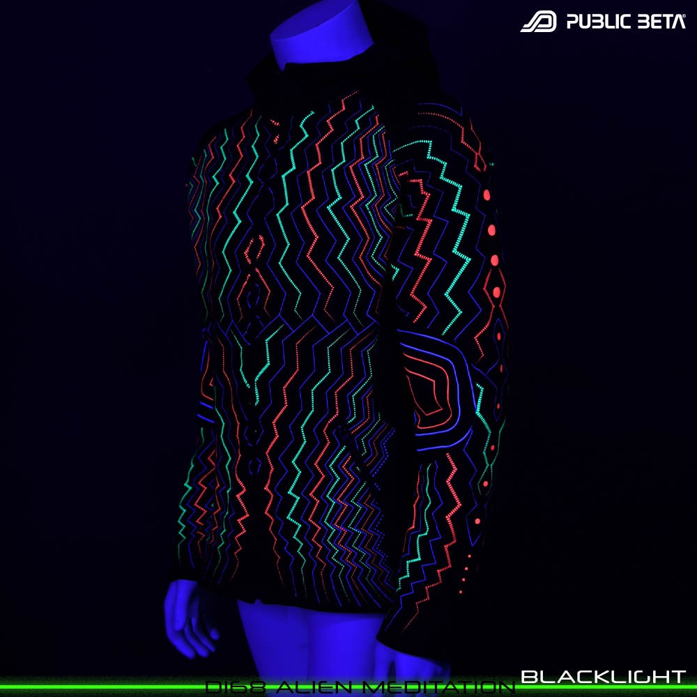 Alien Meditation Glow in Blacklight Psywear. Silk Print on 100% Cotton by Public Beta Wear