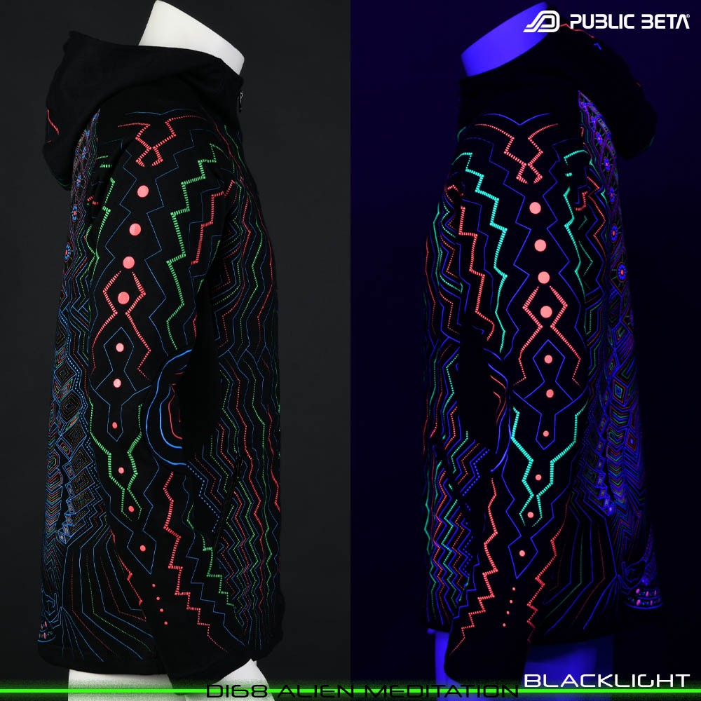 Alien Meditation Glow in Blacklight Psywear. Silk Print on 100% Cotton by Public Beta Wear