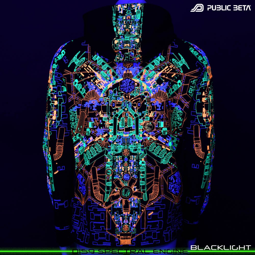 Spectran Engine Glow in Blacklight Psywear. Silk Print on 100% Cotton by Public Beta Wear