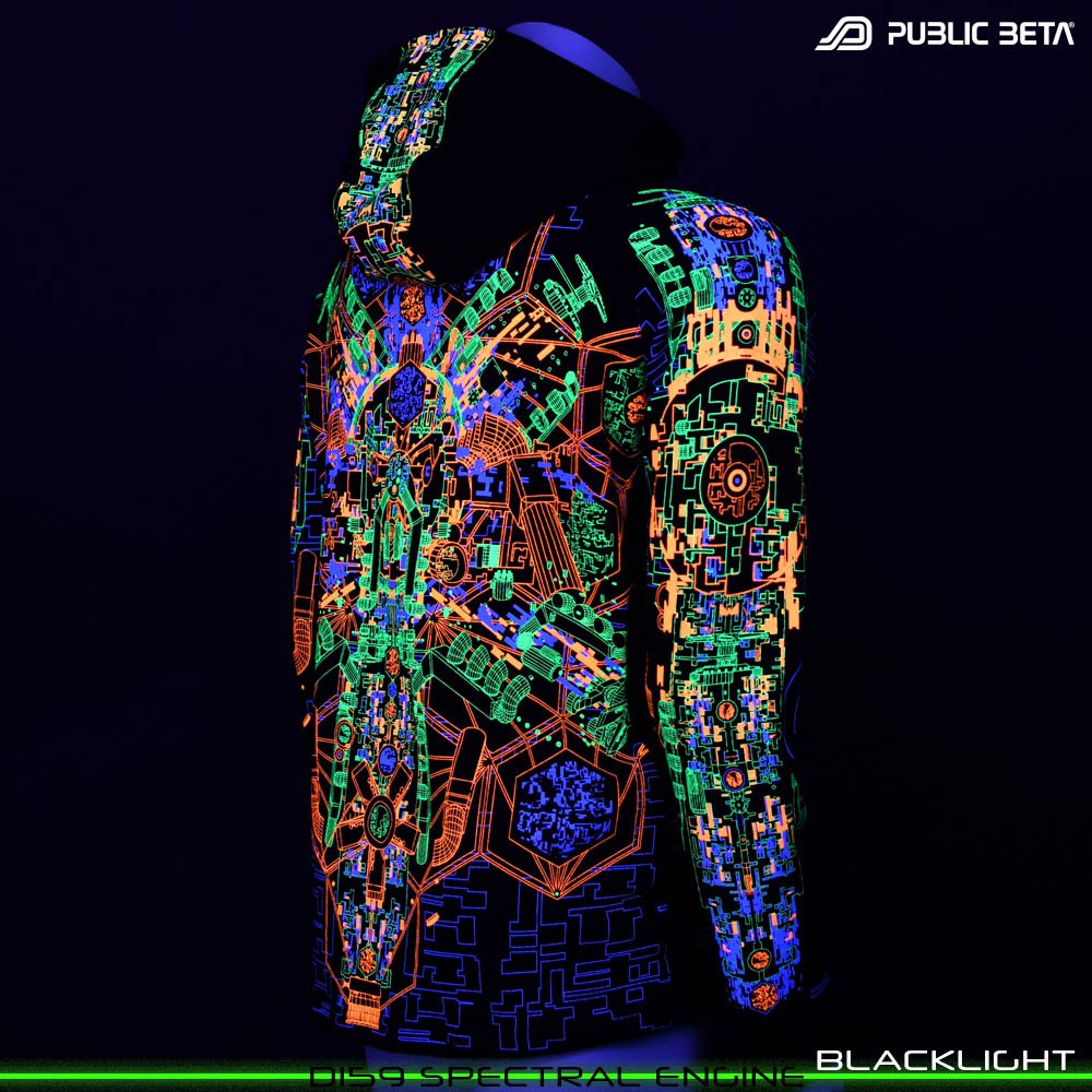 Spectran Engine Glow in Blacklight Psywear. Silk Print on 100% Cotton by Public Beta Wear