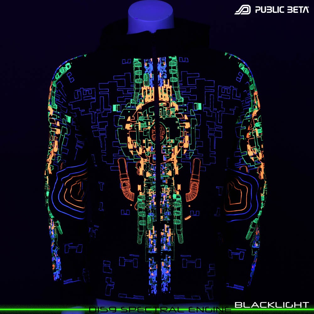 Spectran Engine Glow in Blacklight Psywear. Silk Print on 100% Cotton by Public Beta Wear