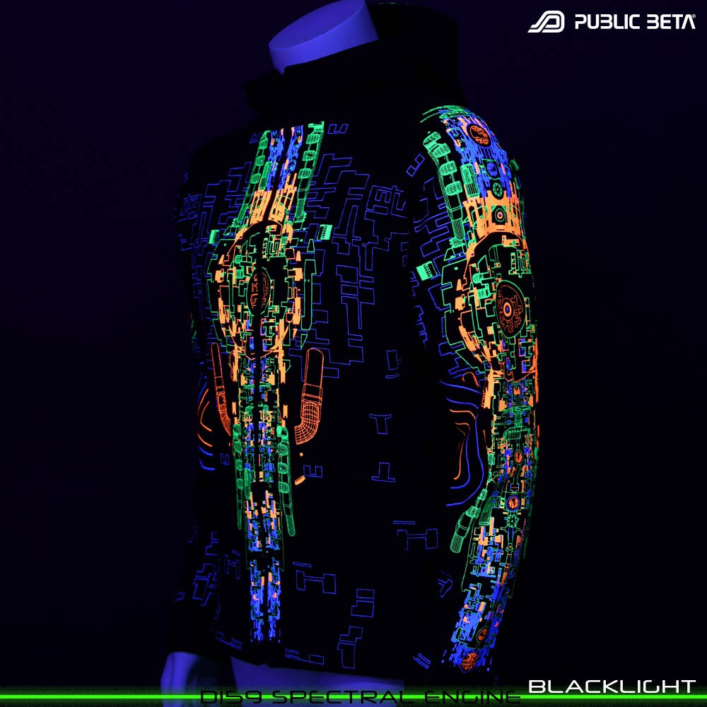 Spectran Engine Glow in Blacklight Psywear. Silk Print on 100% Cotton by Public Beta Wear