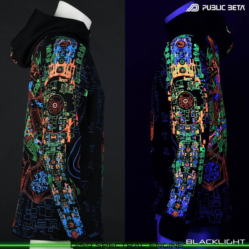 Spectran Engine Glow in Blacklight Psywear. Silk Print on 100% Cotton by Public Beta Wear