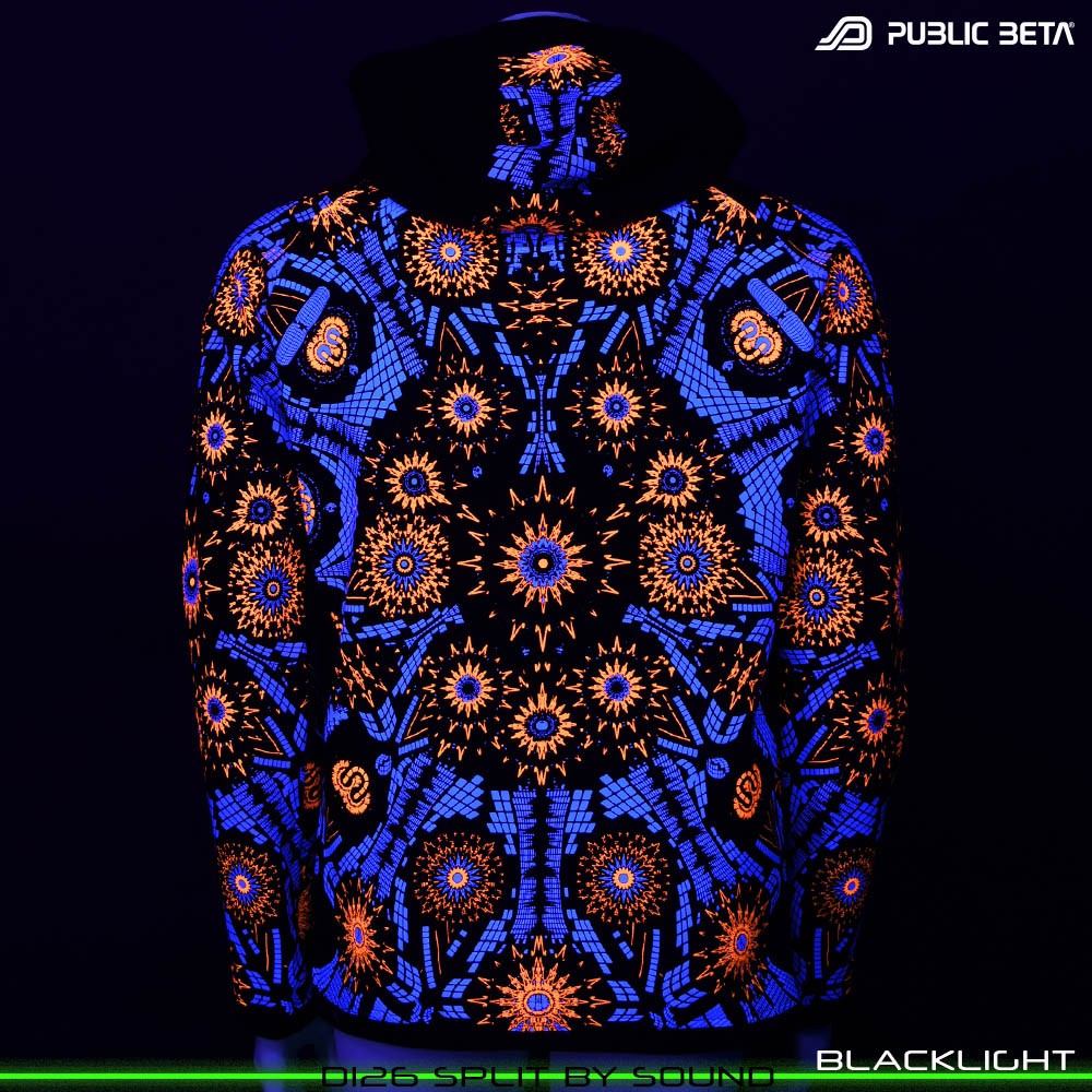 Split by Sound Glow in Blacklight Psywear. Silk Print on 100% Cotton by Public Beta Wear