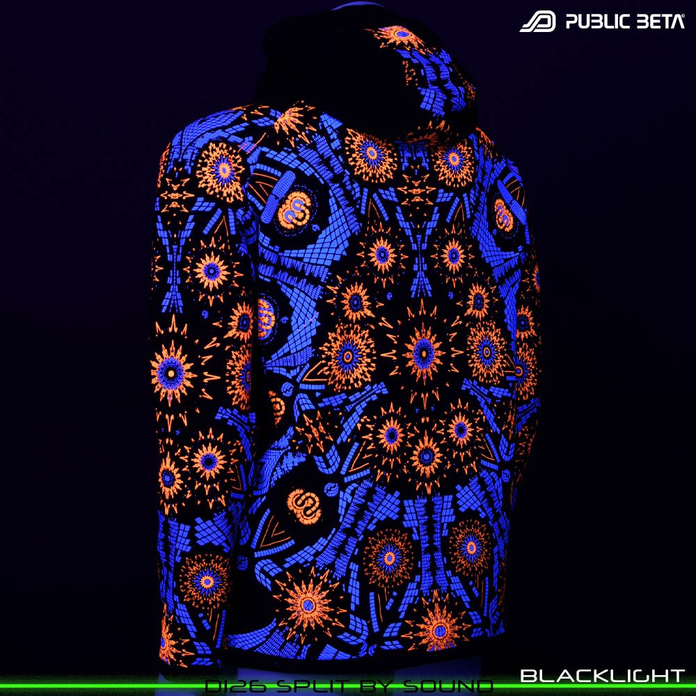 Split by Sound Glow in Blacklight Psywear. Silk Print on 100% Cotton by Public Beta Wear