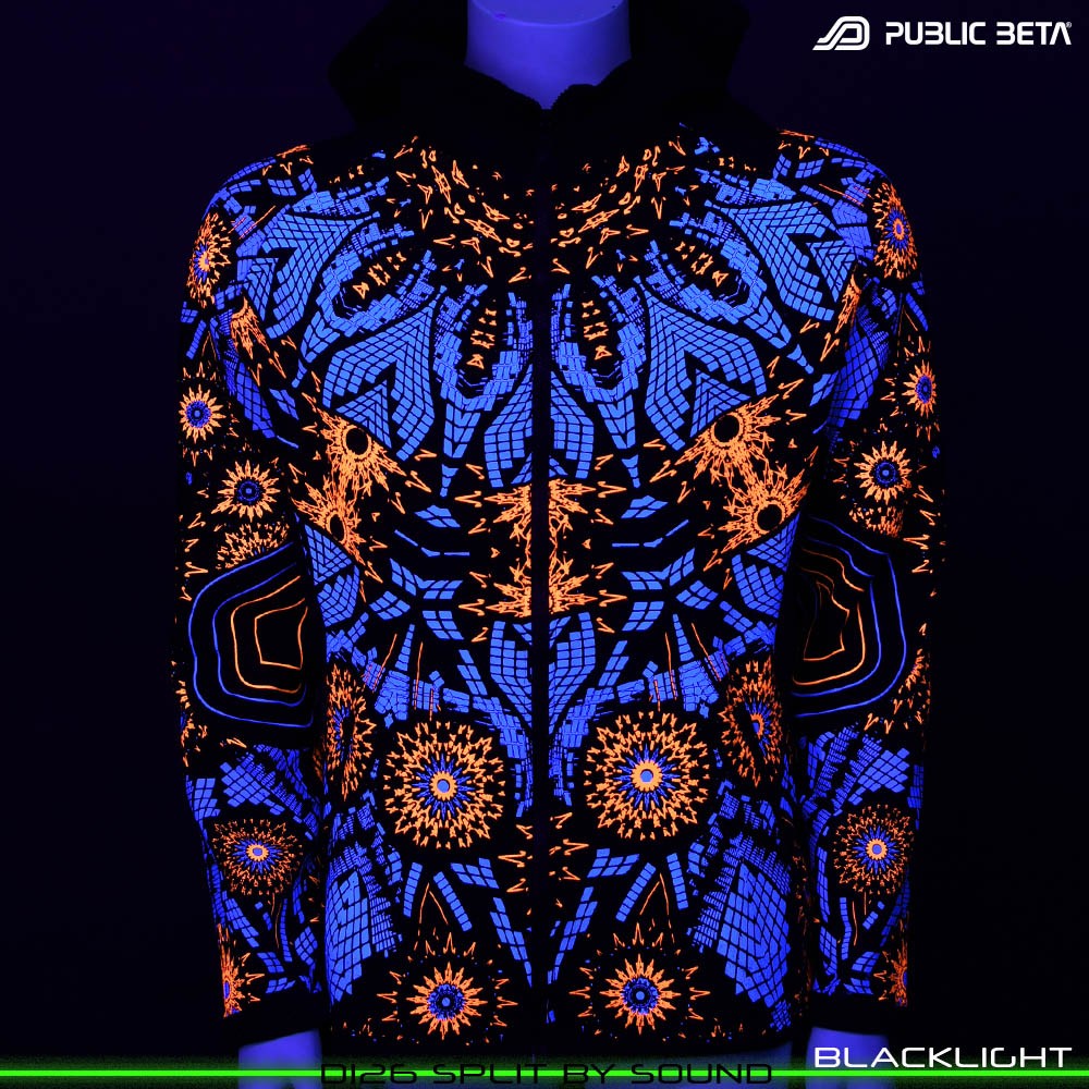 Split by Sound Glow in Blacklight Psywear. Silk Print on 100% Cotton by Public Beta Wear