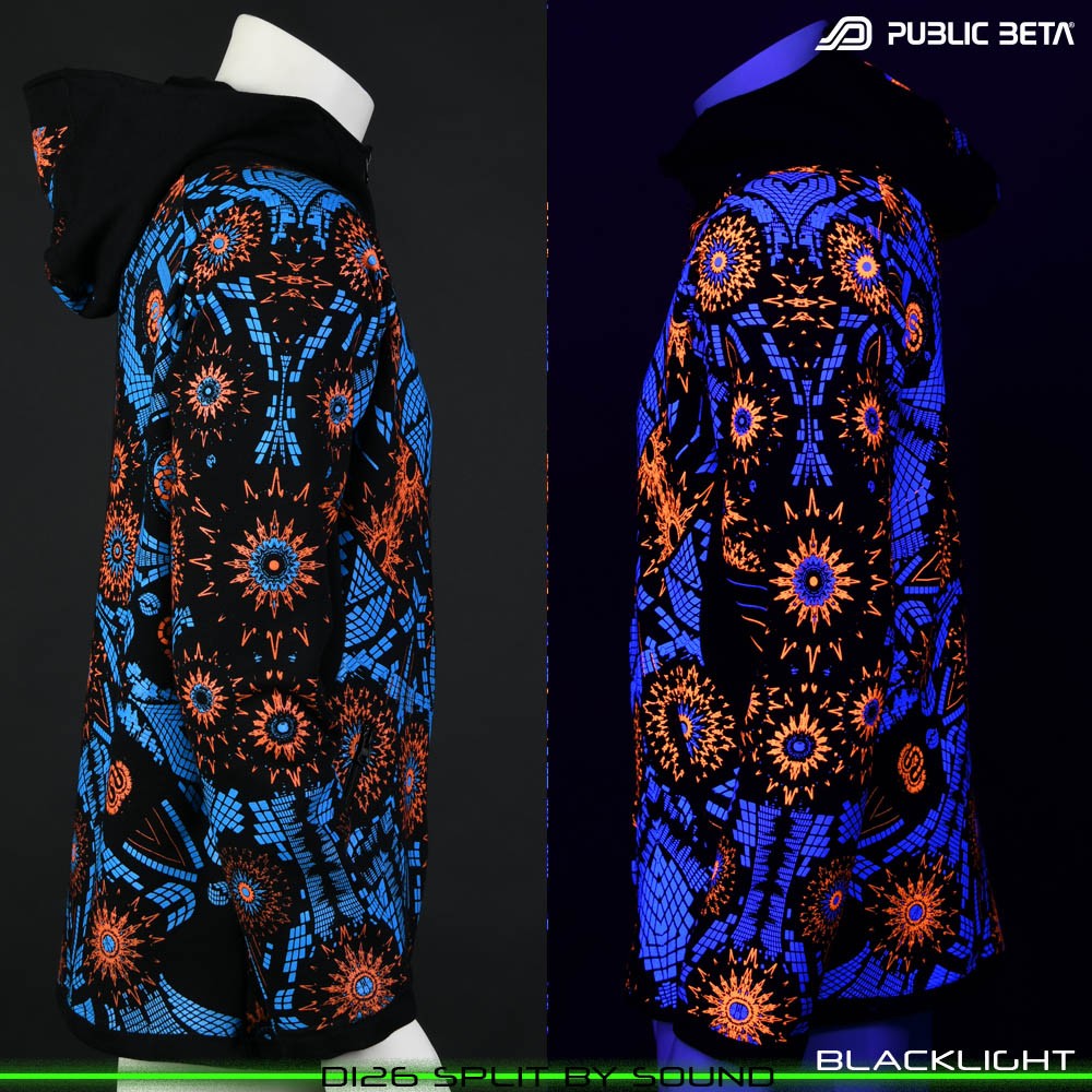 Split by Sound Glow in Blacklight Psywear. Silk Print on 100% Cotton by Public Beta Wear