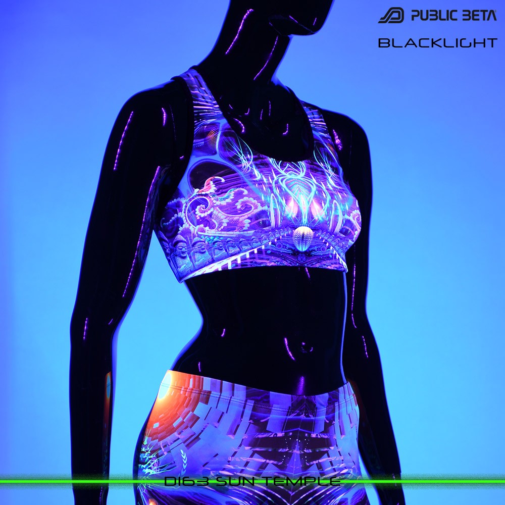 D163 Sun Temple Psychedelc Clothing for Psychedelic Yogis, UV Active prints by Public Beta Wear