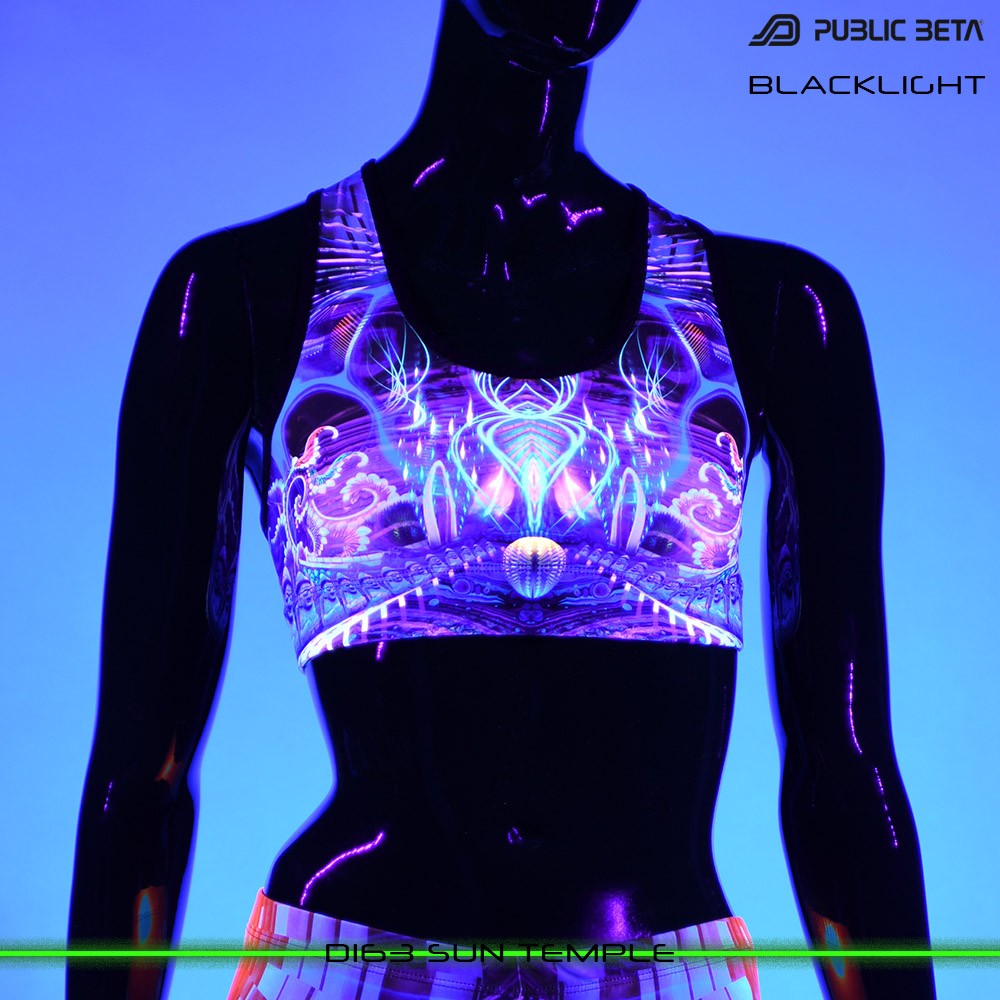 D163 Sun Temple Psychedelc Clothing for Psychedelic Yogis, UV Active prints by Public Beta Wear
