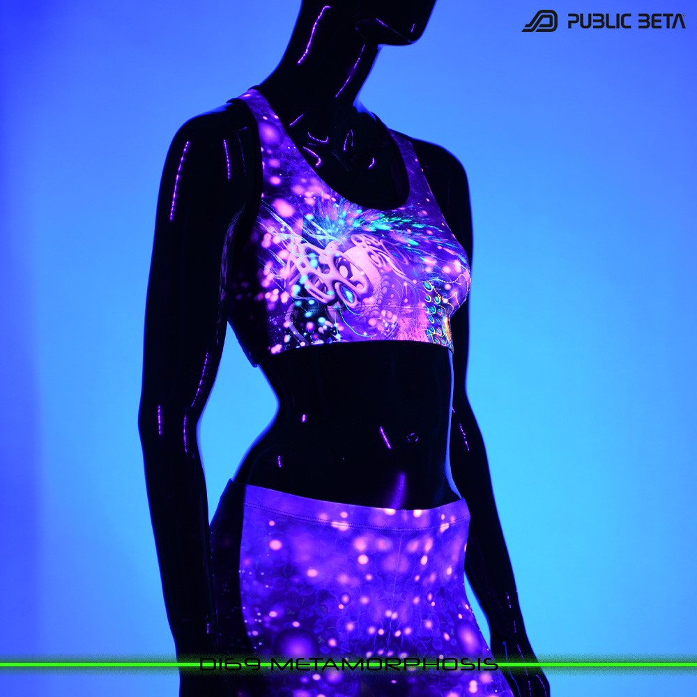 D169 Metamorphosis Psychedelc Clothing for Psychedelic Yogis, UV Active prints by Public Beta Wear