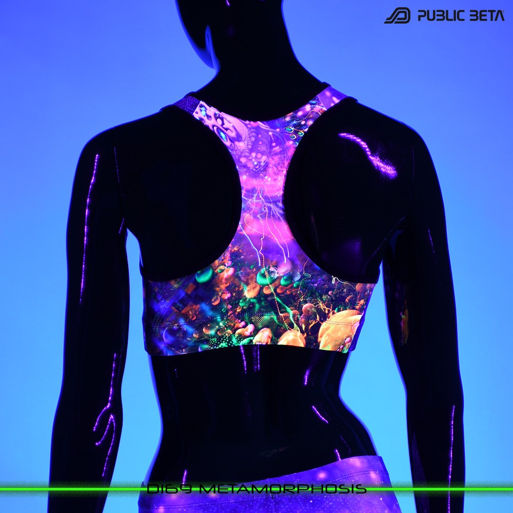 D169 Metamorphosis Psychedelc Clothing for Psychedelic Yogis, UV Active prints by Public Beta Wear