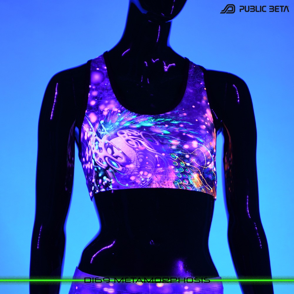 D169 Metamorphosis Psychedelc Clothing for Psychedelic Yogis, UV Active prints by Public Beta Wear
