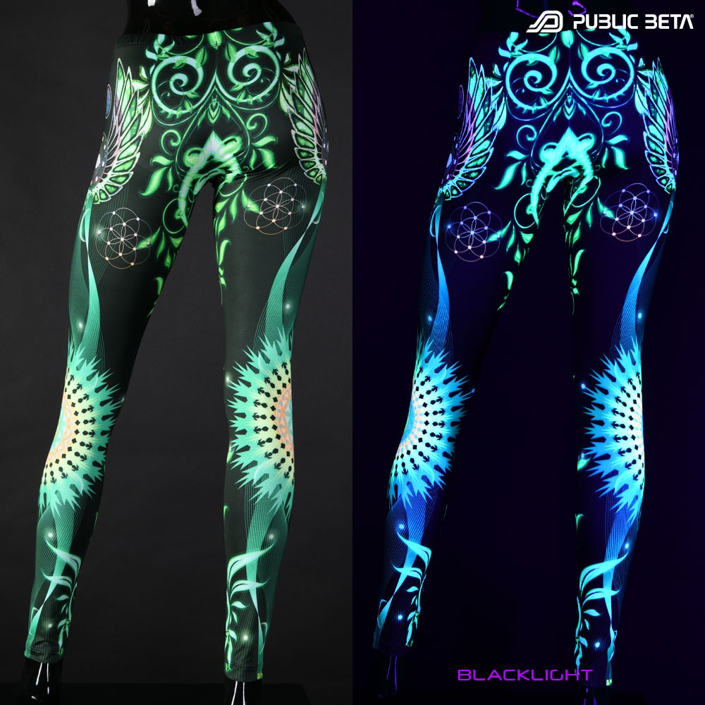 Transcendence UV reactive psytrance design print on leggings by Public Beta Wear