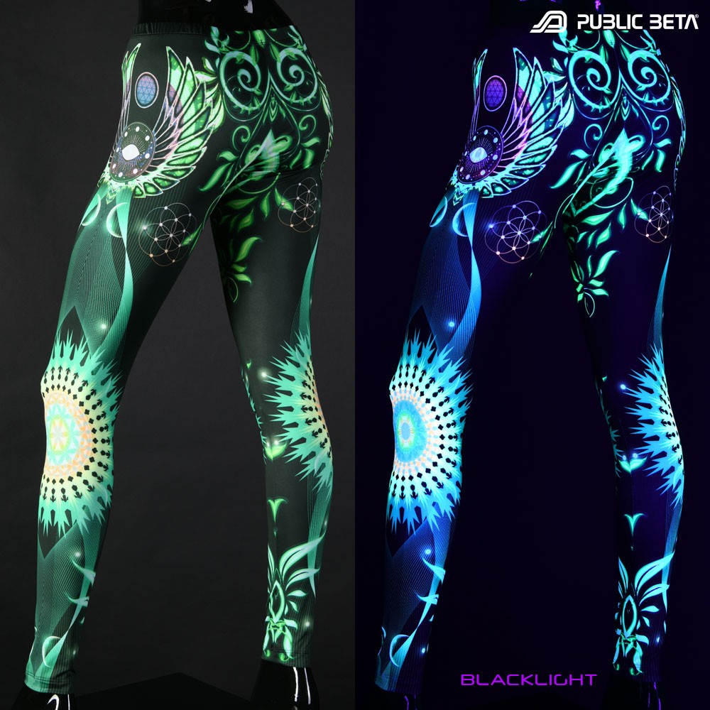 Transcendence UV reactive psytrance design print on leggings by Public Beta Wear