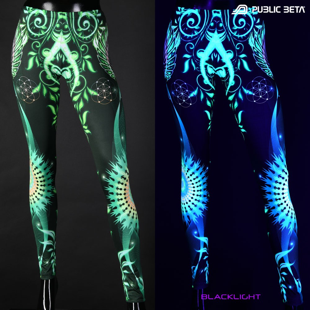 Transcendence UV reactive psytrance design print on leggings by Public Beta Wear