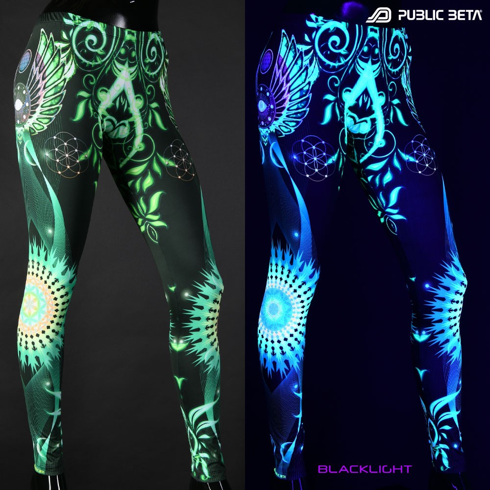 Transcendence UV reactive psytrance design print on leggings by Public Beta Wear