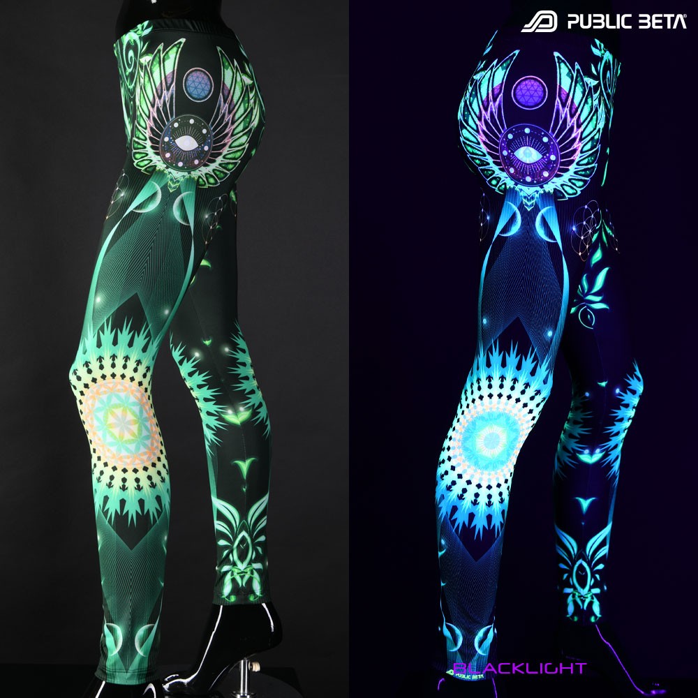Transcendence UV reactive psytrance design print on leggings by Public Beta Wear