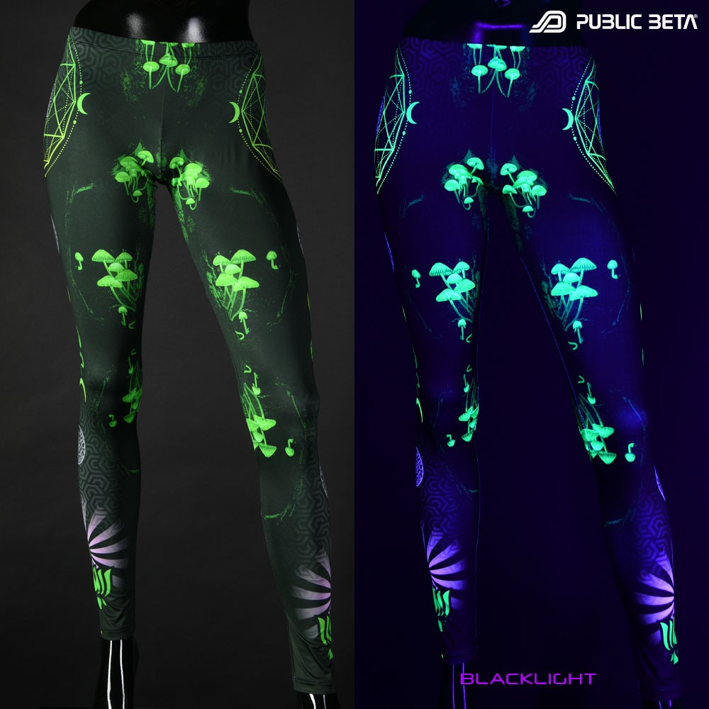 UV reactive mushroom design blacklight print on leggings