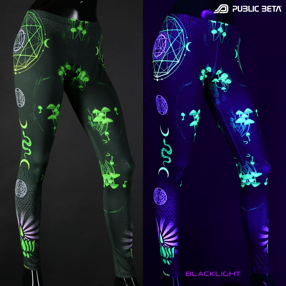 UV reactive mushroom design blacklight print on leggings